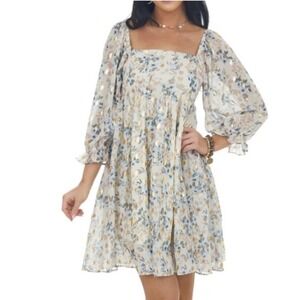 Sweet Lemon M Floral Gold Foil Metallic Mini Dress Square Neck Balloon Sleeve